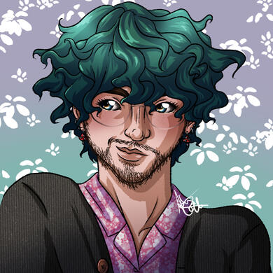 Teal pixels' profile picture: Teal is a white man with blue/green eyes. He is looking to the left with a smirk. He has Teal curly hair and minimal dark brown facial hair. He is wearing big round glasses with a thin frame, a pink floral button shirt and a g