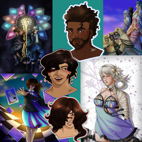 Several art pieces from Teal_Pixels. Four pieces are full illustrations. The first being Sora and Riku from KH. The second is of the foretellers from KHUX. The third is an original character surrounded by cards called Sora. The fourth is of Kaine from Nier