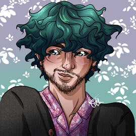 Teal pixels' profile picture: Teal is a white man with blue/green eyes. He is looking to the left with a smirk. He has Teal curly hair and minimal dark brown facial hair. He is wearing big round glasses with a thin frame, a pink floral button shirt and a g